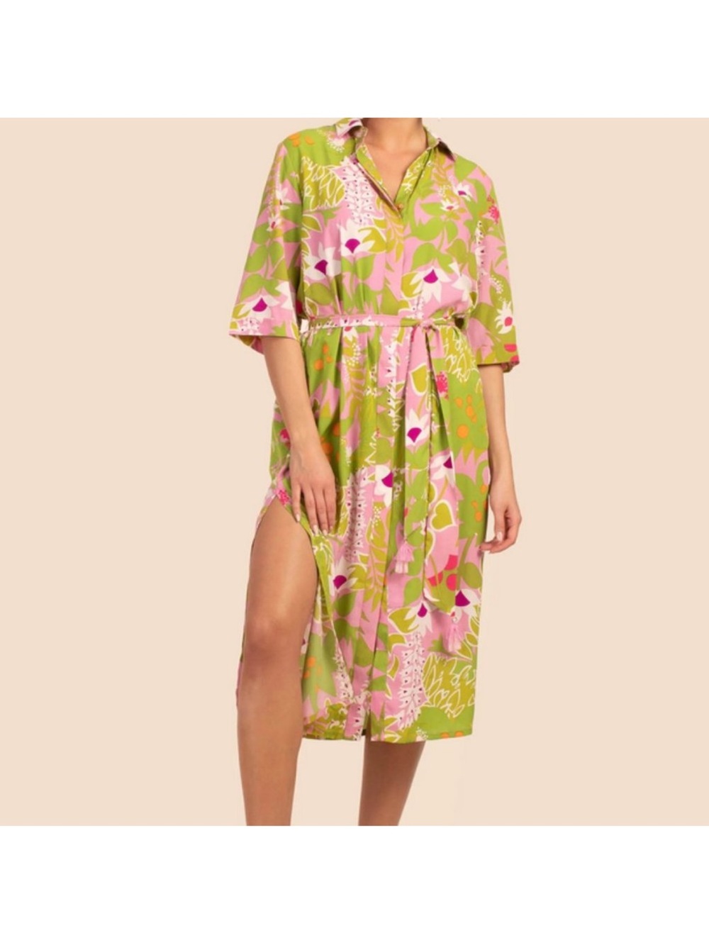 Trina Turk Green and Pink Floral Shirt Dress